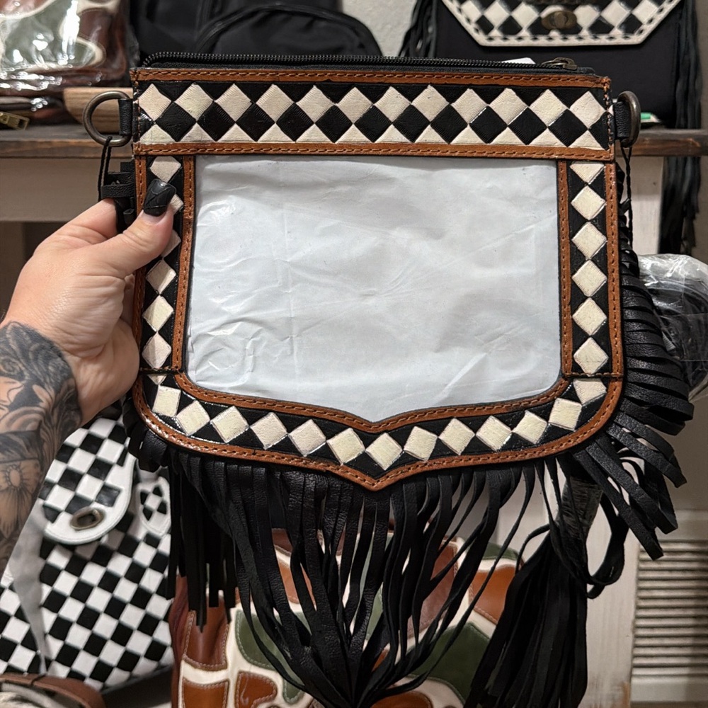 Black and White Fringe Checkered Women's Bag
